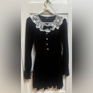 Cider black velvet mini dress white lace collar and faux pearl buttons Size S